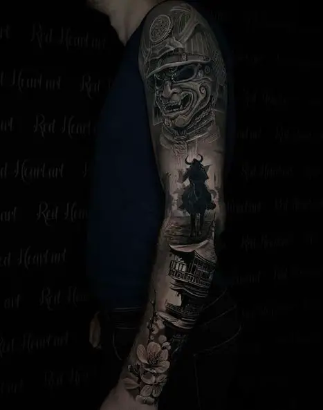 Samurai on Horse Arm Sleeve Tattoo
