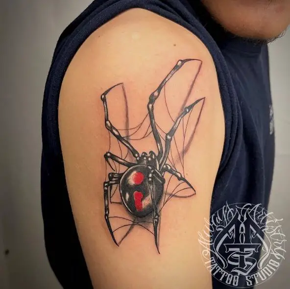 Black Widow with Spider Net Shoulder Tattoo