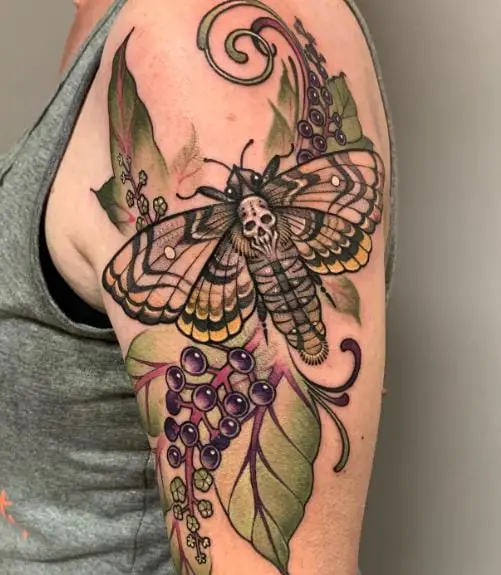 Colored Berries and Death Moth Arm Tattoo