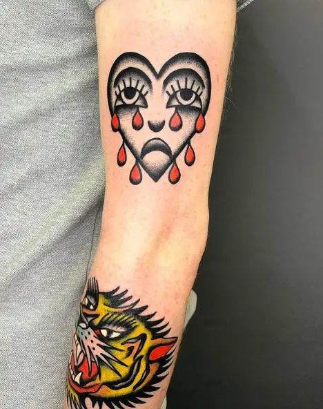 Colorful Tiger and Crying Heart Arm Tattoo