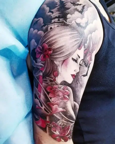 Red Flowers and Geisha Arm Sleeve Tattoo