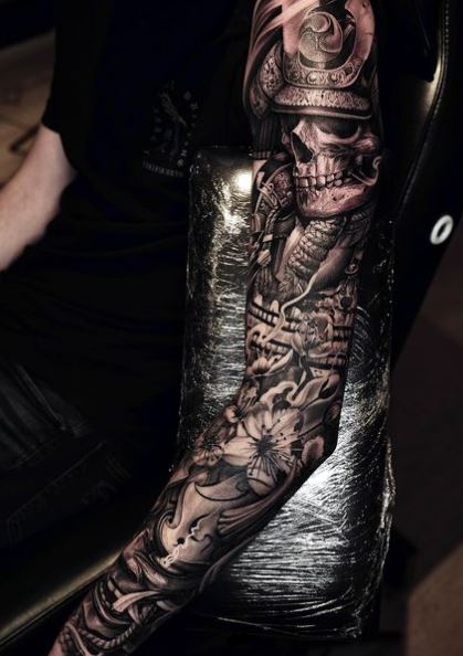 Flowers and Skull Samurai Sleeve Tattoo