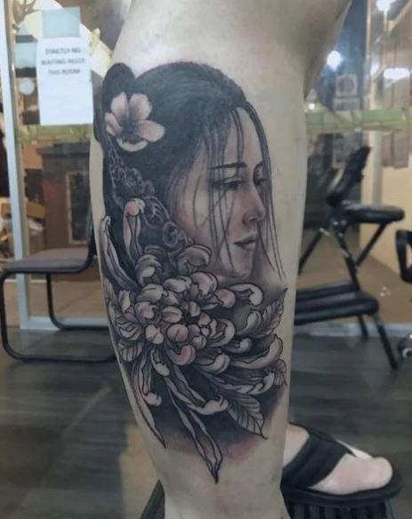 Realistic Flowers and Geisha Leg Tattoo