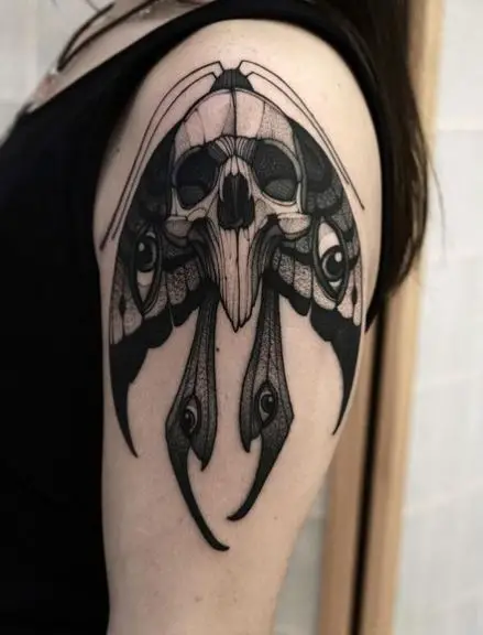 Black Skull and Death Moth Arm Tattoo