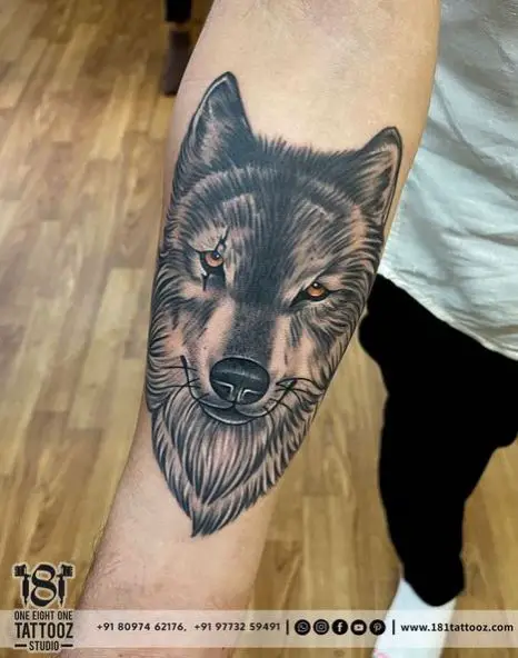 Realistic Wolf with Brown Eyes Forearm Tattoo