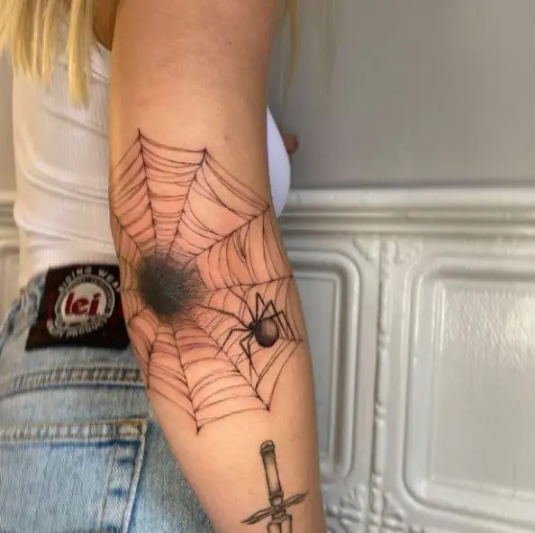 Spider Net and Black Widow Elbow Tattoo