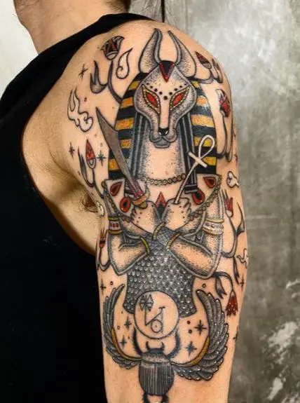 Colorful Anubis and Ankh Arm Tattoo