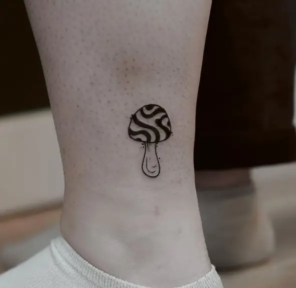 Tiny Black and White Mushroom Ankle Tattoo