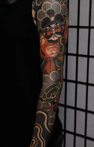 Grey and Red Samurai Arm Sleeve Tattoo