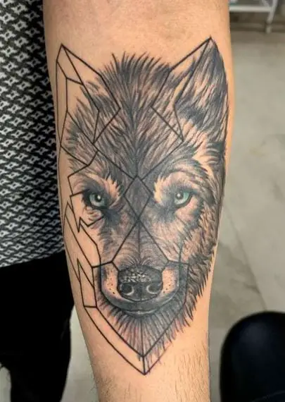 Half Geometrical Wolf Forearm Tattoo