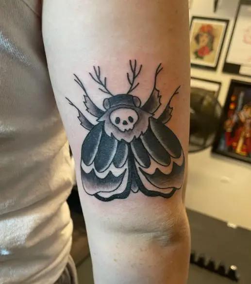Black and Grey Death Moth Elbow Tattoo