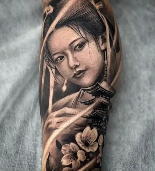 Floral Temple and Geisha Tattoo