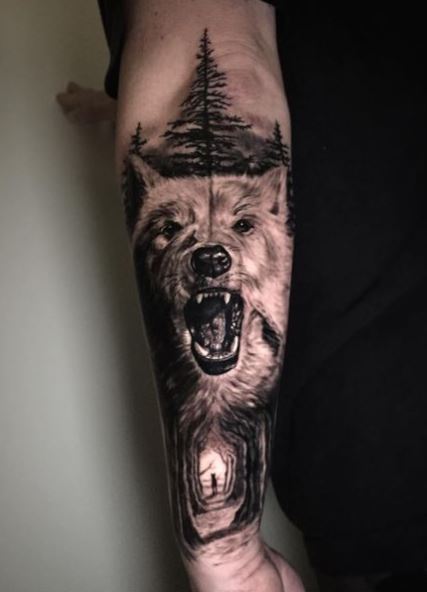 Forest and Angry Wolf Forearm Tattoo