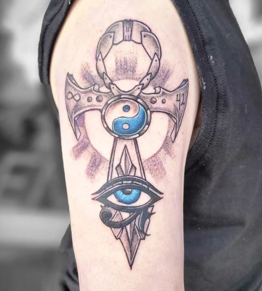 Ying Yang with Eye of Horus and Ankh Arm Tattoo