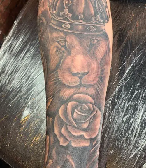 Rose and Lion with Crown Forearm Tattoo