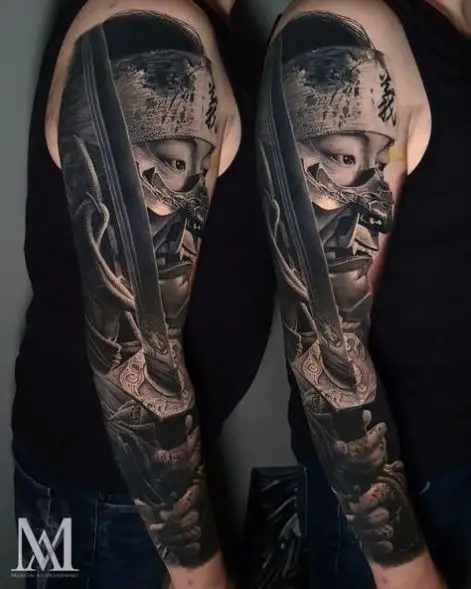 Samurai with Katana Arm Sleeve Tattoo