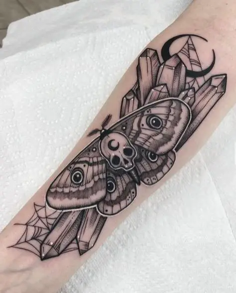 Crystals and Death Moth Forearm Tattoo
