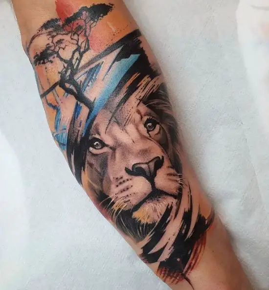 Black Tree and Lion Forearm Tattoo