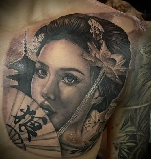 Temple and Geisha with Fan Chest Tattoo