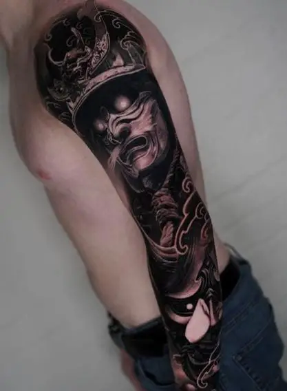 Samurai Head Arm Sleeve Tattoo