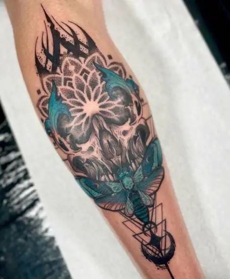 Geometric Skull and Death Moth Forearm Tattoo