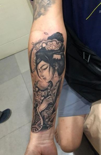 Black and Grey Realistic Geisha Forearm Tattoo