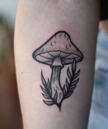 Grey Mushroom with Leaves Forearm Tattoo
