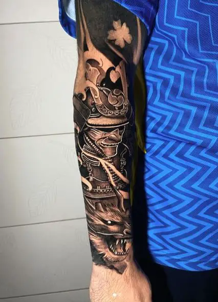 Black and Grey Samurai Warrior Arm Sleeve Tattoo