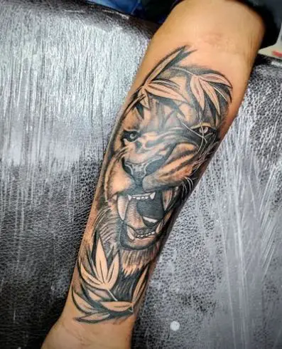 Grey Roaring Lion Forearm Tattoo