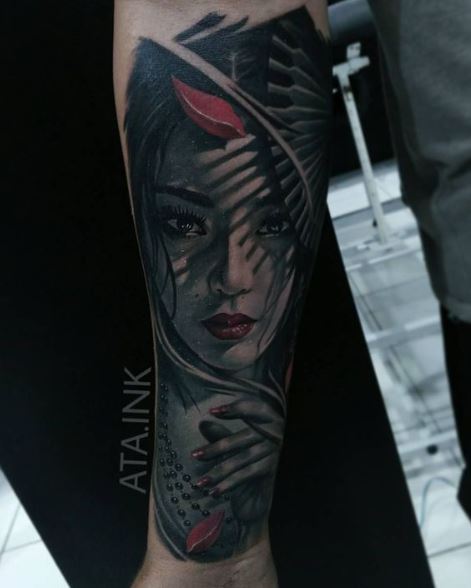 Red Leaves and Geisha with Red Lips Arm Tattoo