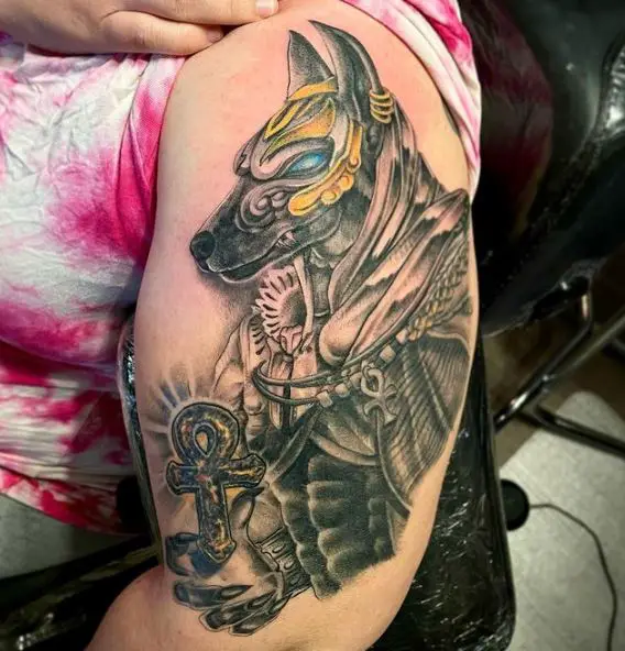 Colorful Anubis and Ankh Biceps Tattoo