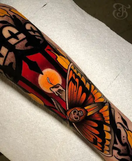 Colored Candle and Death Moth Forearm Tattoo