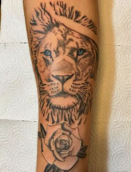 Rose and Lion with Blue Eyes Forearm Tattoo