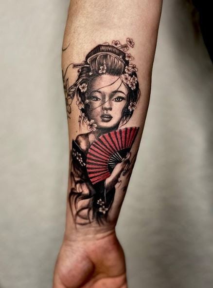 Geisha with Flowers and Red Fan Forearm Tattoo