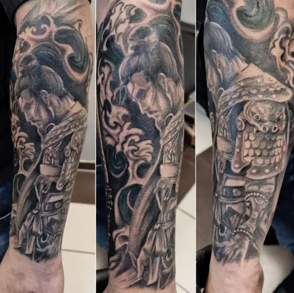 Black and Grey Samurai Warrior Arm Sleeve Tattoo