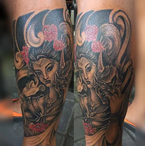 Red Flowers and Geisha Forearm Tattoo