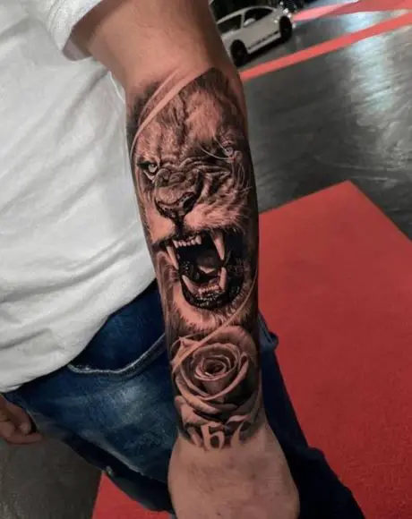 Rose and Roaring Lion Forearm Tattoo