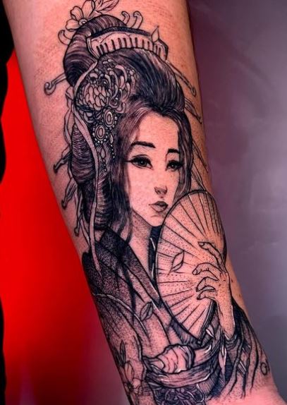 Black and Grey Geisha with Fan Forearm Tattoo