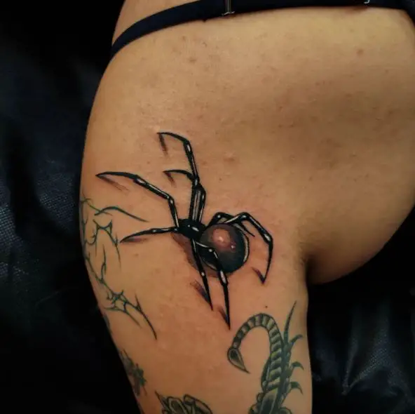 Realistic Black Widow Shoulder Tattoo