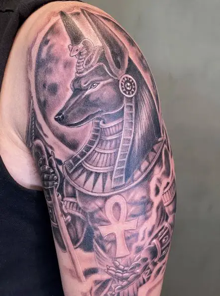 Anubis and Ankh Arm Tattoo