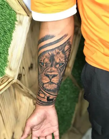 Deer and Lion with Blue Eyes Forearm Tattoo