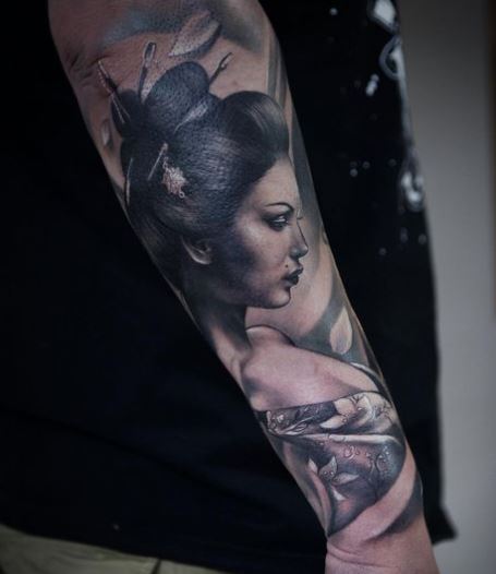 Grey Geisha with Hairpins Arm Sleeve Tattoo