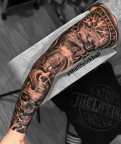 Skull and Samurai Arm Sleeve Tattoo