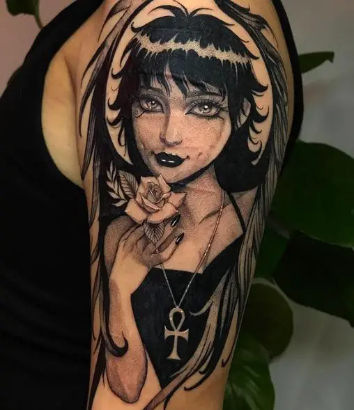 Girl with Rose and Ankh Arm Tattoo
