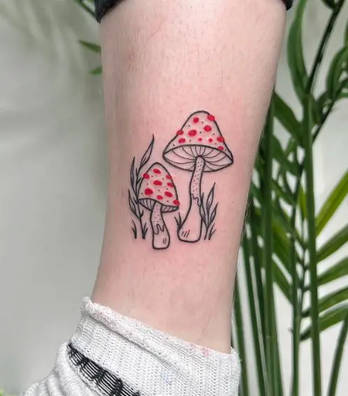 Leaves and Mushrooms with Red Dots Leg Tattoo