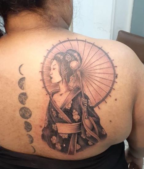 Grey Geisha with Umbrella Back Tattoo