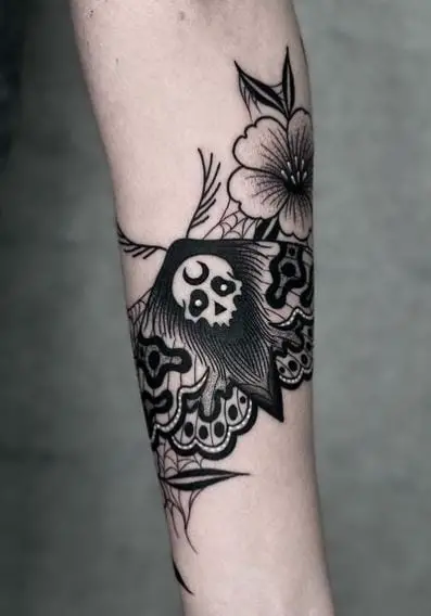 Flowers and Death Moth Forearm Band Tattoo