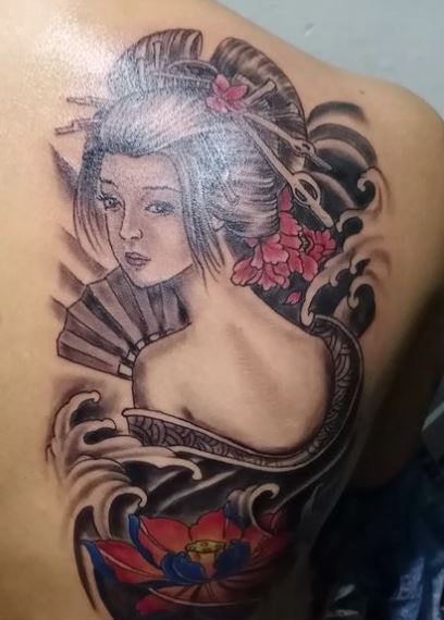 Lotus Flower and Geisha Back Tattoo
