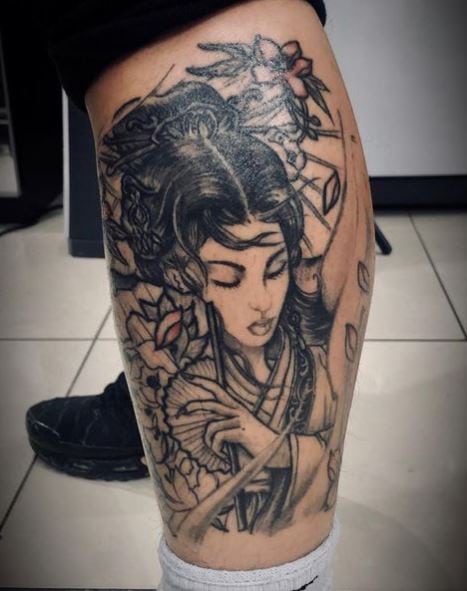 Flowers and Geisha Leg Tattoo