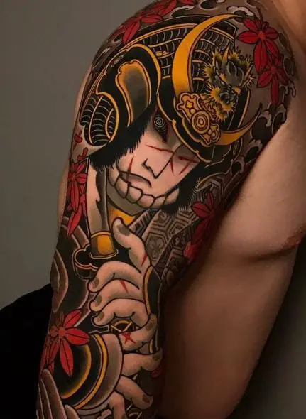 Colorful Samurai with Katana Arm Tattoo